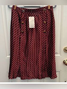 Zara Burgundy Polka Dot Pleated Midi Skirt
